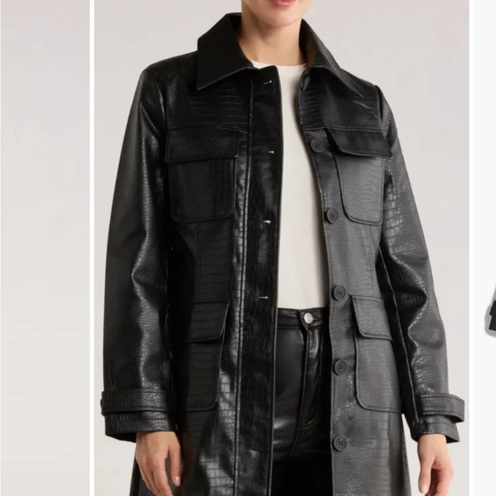 NEW Jason Wu Black Croc Embossed Faux Leather Long Trench Coat M Edgy Jacket